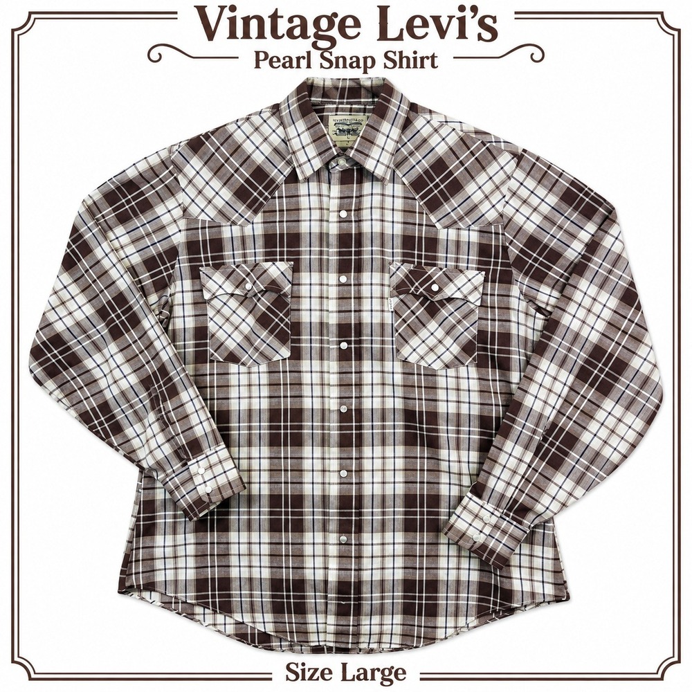 Vintage Levis Western Shirt Men L Brown Plaid Pearl Snap Long Sleeve Cowboy Yoke